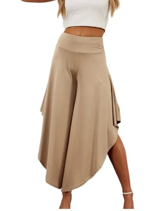 Pants - Flowy Asymmetrical Tan Pants - Women's Comfortable Summer Pants